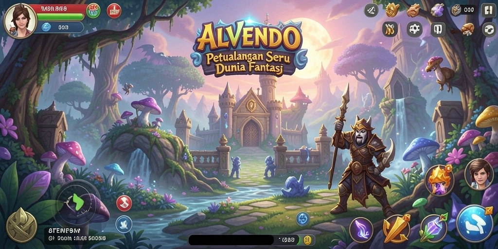 Tampilan seru gameplay ALVENDO dengan berbagai lokasi petualangan.