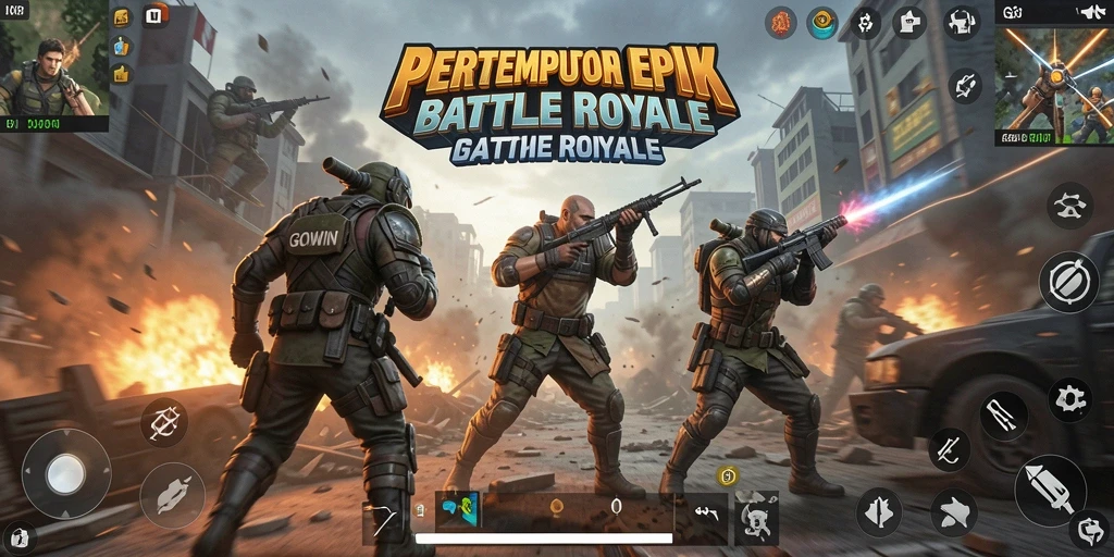 Screenshot GOWIN menampilkan pertempuran seru dalam arena Battle Royale.