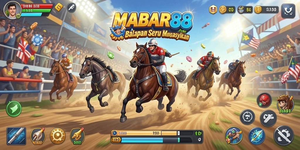 Tampilan gameplay balapan menegangkan di MABAR88 dengan mobil balap yang cepat.