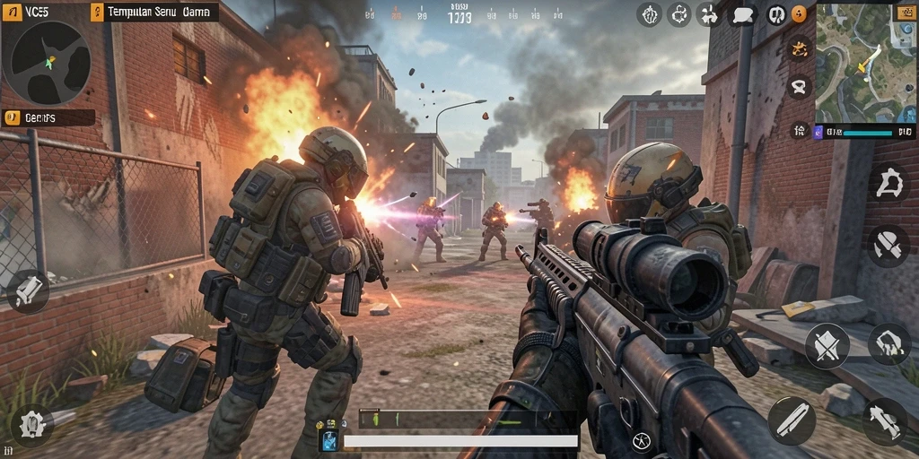 Screenshot gameplay VC55 menunjukkan aksi tembak-menembak yang cepat dan intens.